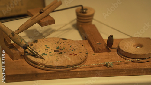 Vintage Mechanical Drawing Device on Wooden Base
