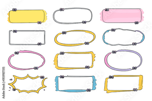 Colorful blank labels arranged in various shapes on a white background