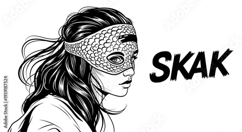 Intriguing portrait of a woman wearing a mask, artistic illustration, captivating gaze.