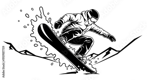 Snowboarder in action, performing a dynamic jump on a snowy slope, winter sports concept.