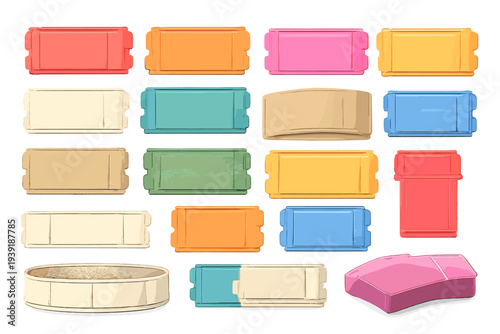 Colorful collection of erasers on a plain background in various shapes