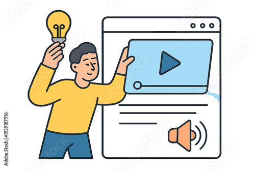 Man holds light bulb next to computer screen showing video playback