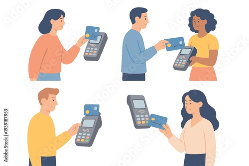 People make contactless payments using cards at different locations