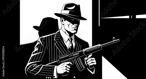 Mafia gangster in a pinstripe suit holding a machine gun, ready to strike.