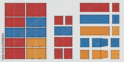 Shipping Cargo Containers Set Freight Logistics Storage Box Vector Illustration