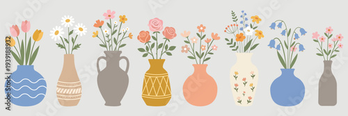 Flower Vase Collection Decorative Floral Bouquet Home Decor Vector Illustration Set