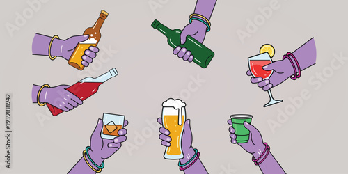 Drinks in Hand: An illustration showcases hands holding a variety of drinks, creating a sense of convivial gatherings and refreshing beverages. 