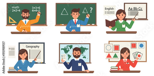 School Teachers Teaching Subjects Classroom Education Vector Illustration Set