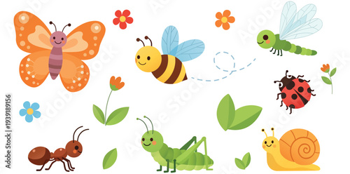 Garden Insects Collection Butterfly Bee Ladybug Ant Snail Vector Illustration Set