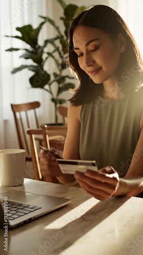 Young woman uses credit card for online shopping at home. She holds credit card looking at laptop. This woman makes digital payment. Happy female enjoys online shopping. She makes safe payment.