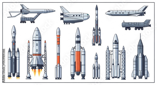 Collection of various rockets airplanes and spacecraft illustrations.