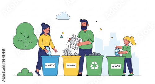 People recycling plastic paper and glass in labeled bins with a tree and city skyline in the background