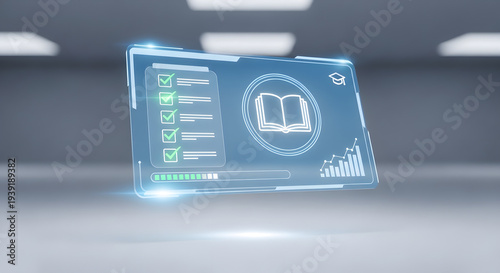 Futuristic digital learning dashboard on transparent laptop, e-learning concept with checklist and notebook