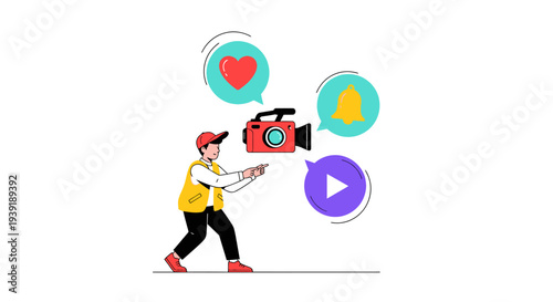 Cartoon cameraman capturing video content with social media icons.