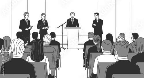 Business presentation to audience in a conference hall with speakers on stage.