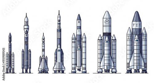 Collection of diverse rockets and spacecraft lined up.