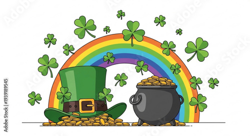 St patrick's day illustration with green hat gold coins pot and rainbow with shamrocks on white background