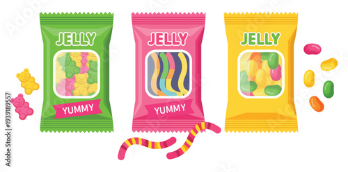 Sweet Treats: An array of colorful candy packs, enticing taste buds with various gummy treats, each promising a burst of sugary delight.