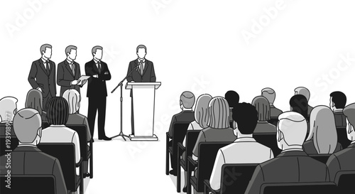 Business presentation to audience by speaker at podium with colleagues.