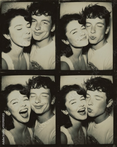 Black and White Retro Photo Booth Portrait of Loving Couple