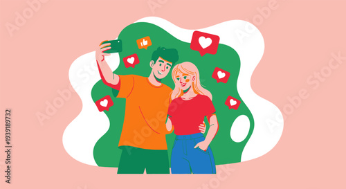 Illustration of a man and woman taking a selfie together surrounded by social media icons.
