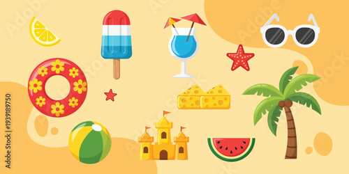 Summer Fun Essentials: A vibrant array of summer essentials, evoking the joy and freedom of a sunny vacation. Featuring iconic elements.