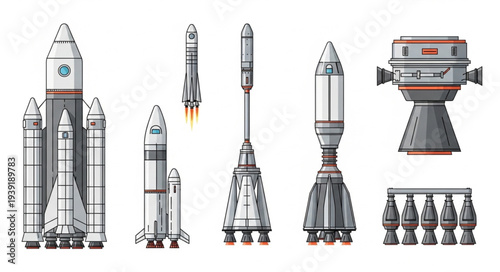Collection of various rockets and spacecraft components.