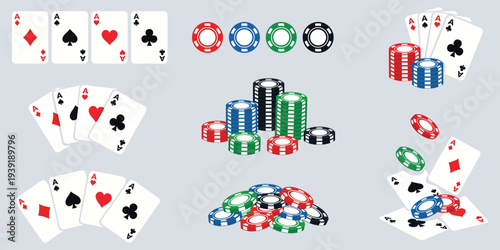 Poker Hand and Chips: A vibrant array of poker elements, including playing cards displaying various hand combinations and colorful chips, creating a captivating visual for any gambling enthusiast.