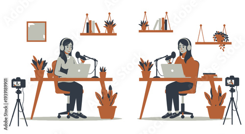 Two women working at desks with microphones and cameras.