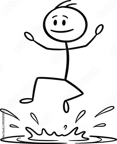Stick figure jumping in puddle with joyful expression