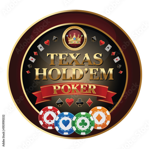 Texas Hold'em Poker Emblem: A captivating emblem for the thrilling game of Texas Hold'em poker, featuring a royal crown, playing card suits, and poker chips.