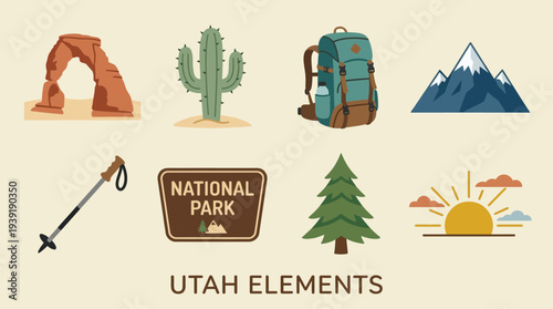 Utah National Parks Icon Set – Outdoor Adventure Illustrations Featuring Arches Rock, Cactus, Hiking Backpack, Snowy Mountains, Trekking Pole, Zion Sign, Pine Tree, and Sunset