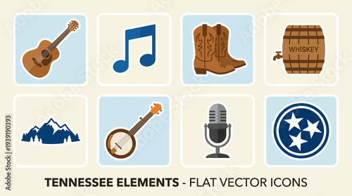 Tennessee Culture Icon Set – Southern Heritage Illustrations Featuring Acoustic Guitar, Music Note, Cowboy Boots, Whiskey Barrel, Banjo, Microphone, Mountains, and State Flag