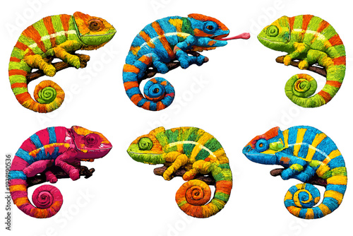 Brightly colored chameleons display their unique patterns on branches