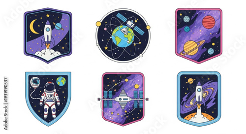 Space exploration mission patches with rockets astronauts and planets.