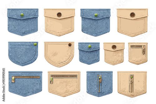 Different types of fabric pockets arranged in two rows on a white