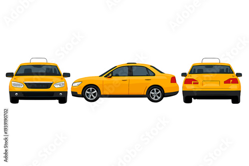 Yellow taxis parked in a row at a busy street in a city