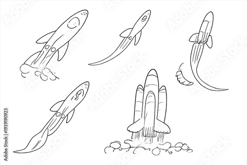 Sketches of rockets taking off showing different designs and positions