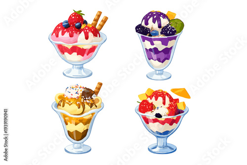 Different styles of ice cream sundaes in colorful bowls with fruits