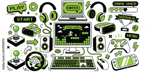 Gaming Doodle Elements Collection Video Game Hand Drawn Icons Set