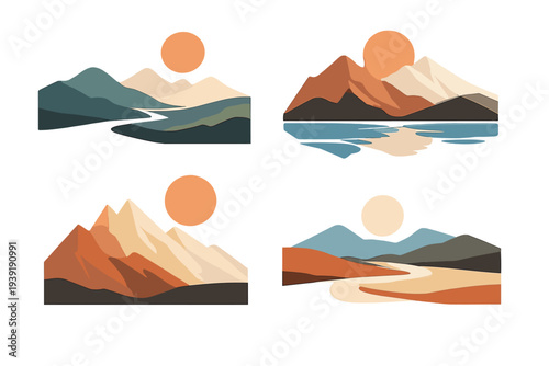 Different mountain landscapes with sun over water and land in four