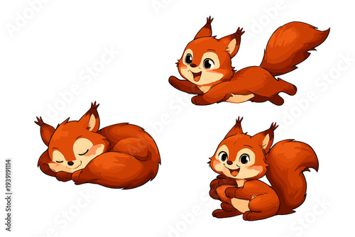 Cute cartoon squirrels playing resting and exploring in a colorful