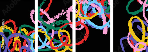 Set of four vertical interior posters. Abstract multicolored crayon swirls on black background. Modern hand drawn paint wall art. Naive style decor minimalist artistic vector illustration isolated