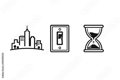 City skyline light switch and hourglass represent time and urban life