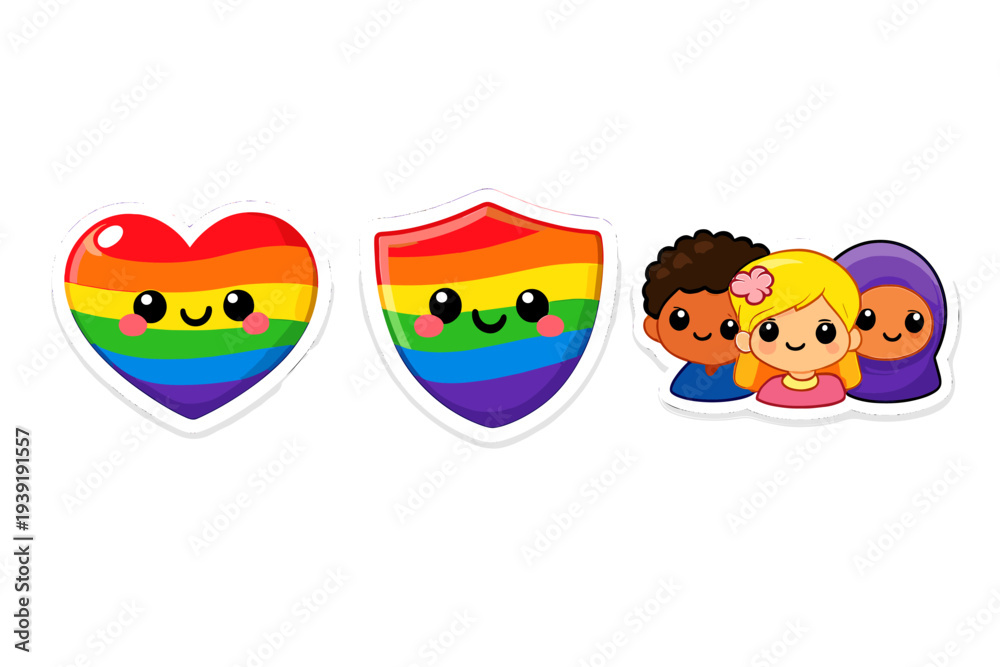 Fototapeta premium Different stickers with rainbow colors showing a heart a shield and a