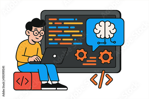 Young person works on computer while developing ideas for artificial