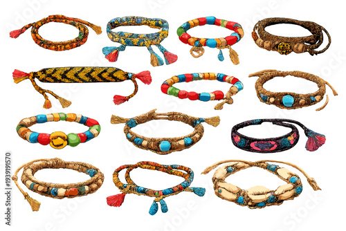 Colorful bracelets displayed on a white background showing different