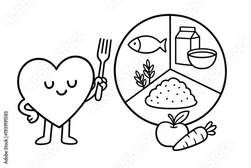 Character holding fork beside food pyramid illustration with fish