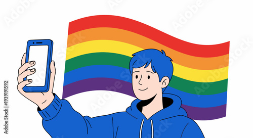 Illustration of a smiling person taking a selfie with a rainbow flag in the background.