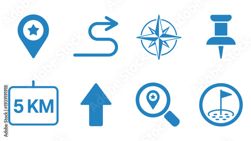 Navigation map icons vector illustration, GPS location pin, route path, direction arrow, compass, marker, travel app interface symbols, search flag distance scale, positioning and tracking graphic des